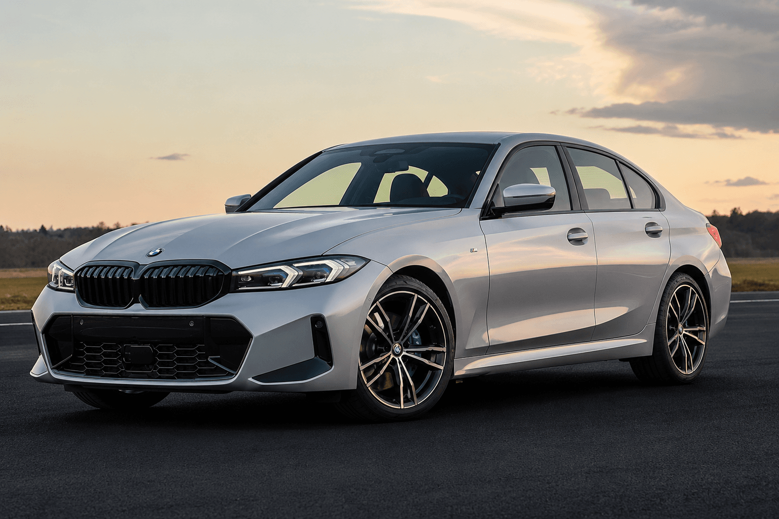 BMW Serie 3 plateado al atardecer